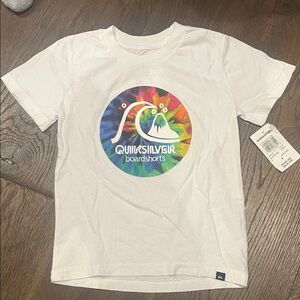 Quiksilver White Tee with Rainbow Tie-Dye Logo Circle